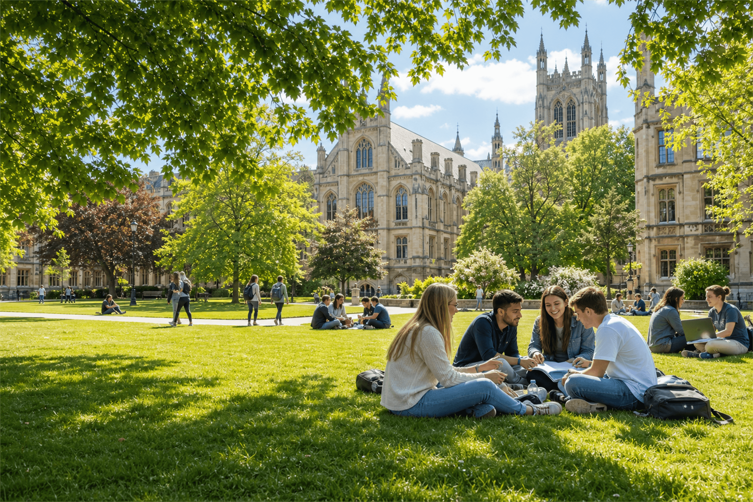 Students studying together on a sunny UK university campus