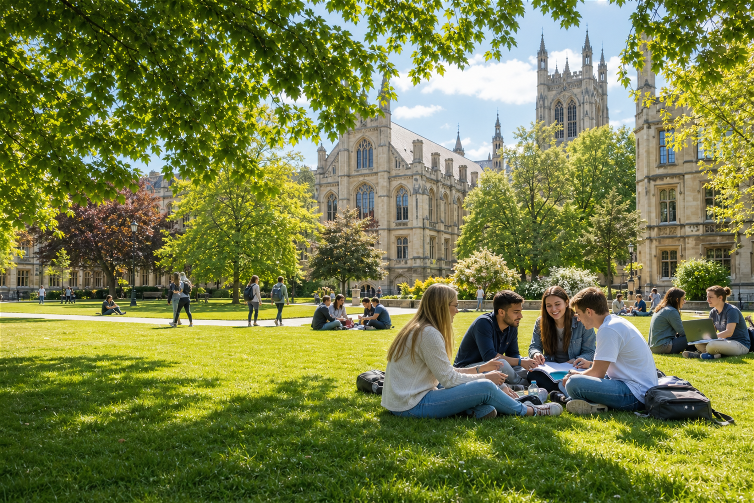 Students studying together on a sunny UK university campus