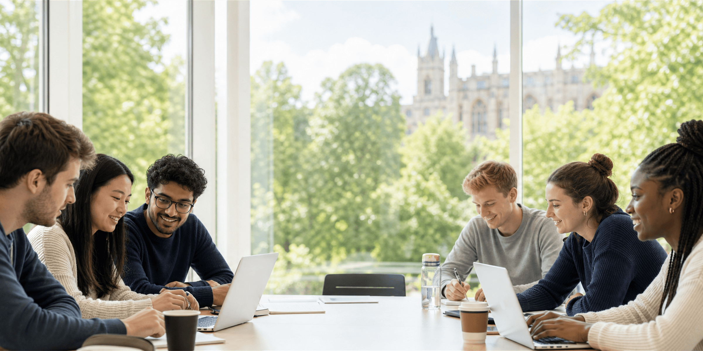 Students collaborating by a window on campus
